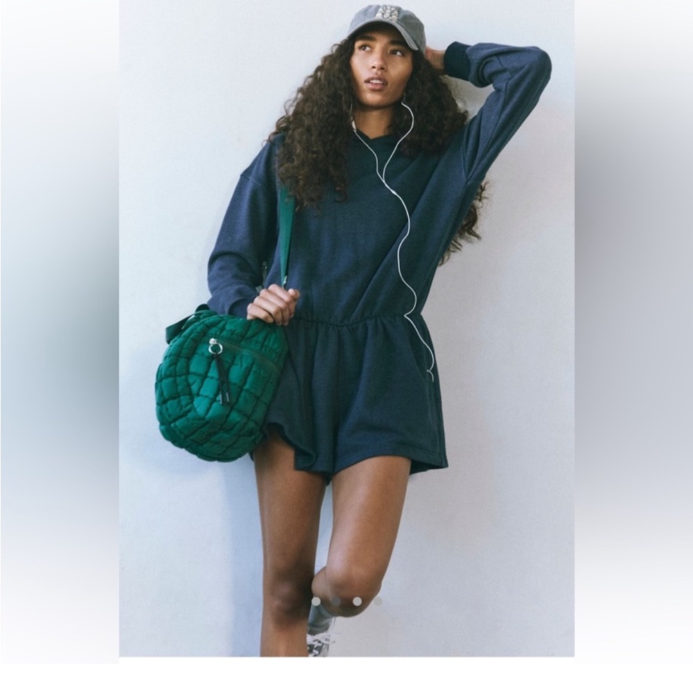 FP Movement by Free People Navy Long-Sleeve Romper with Green Quilted Bag